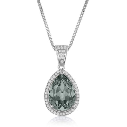 Sterling Silver CZ and 14x10mm Pearshaped Halo - Black Diamond Swarovski Element Necklace ,