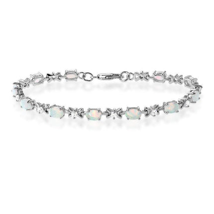 Sterling Silver CZ and Oval White Opal Stones Bracelet, 7" ,
