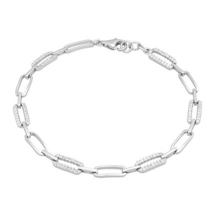 Sterling Silver CZ and Shiny Lightweight Open Linked Bracelet, 7" ,