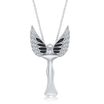 Sterling Silver CZ Angel Pendant With Movable Wings - Rhodum Plated ,