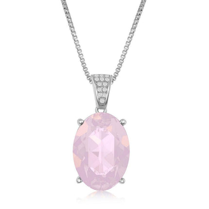 Sterling Silver CZ Bale and 14x10mm Oval - Pink Opal Swarovski Element Necklace ,