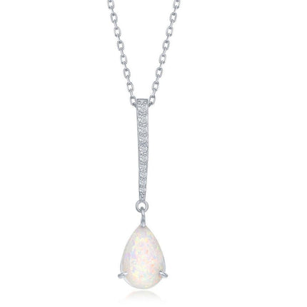 Sterling Silver CZ Bar with Pear-Shaped White Inlay Opal Pendant ,