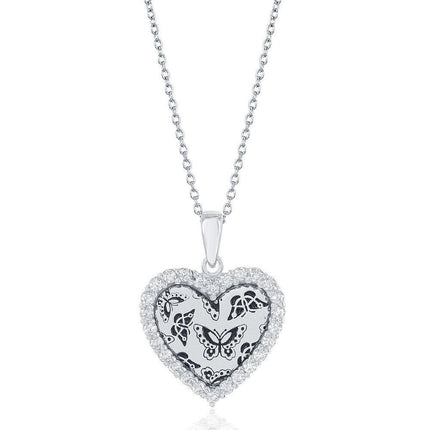 Sterling Silver CZ Border Heart with Butterfly Design Necklace ,