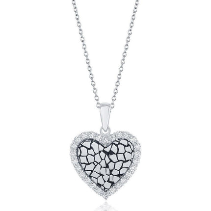 Sterling Silver CZ Border Heart with Cobblestone Design Necklace ,