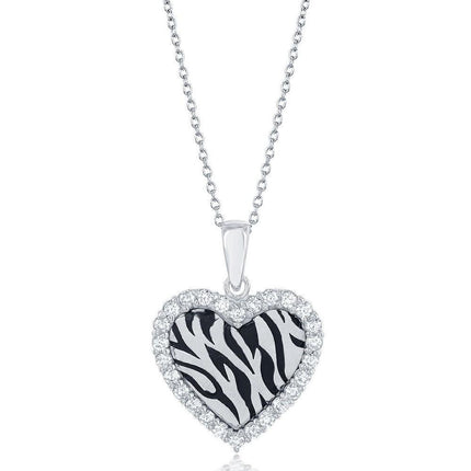 Sterling Silver CZ Border Heart with Zebra Design Necklace ,