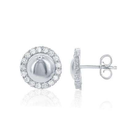 Sterling Silver CZ Border Round Stud Earrings ,