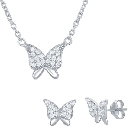 Sterling Silver CZ Butterfly Necklace and Earrings Set ,