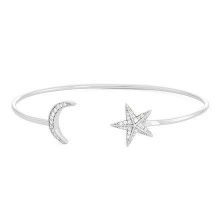 Sterling Silver CZ Crescent Moon and Star Open Cuff Bangle ,