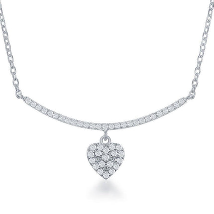 Sterling Silver CZ Curved Bar with Dangling Heart Necklace ,