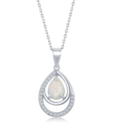 Sterling Silver CZ Double Pear-Shaped White Opal Pendant ,