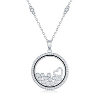 Sterling Silver CZ Floating Heart & Round CZ's in a Disc Necklace ,