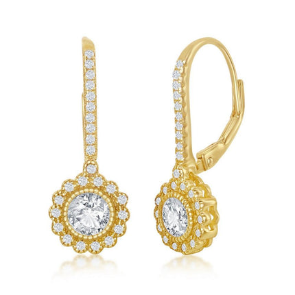 Sterling Silver CZ Flower Design Dangling Earrings - Gold Plated ,