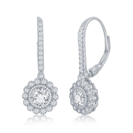 Sterling Silver CZ Flower Design Dangling Earrings ,