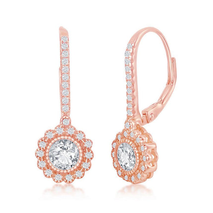 Sterling Silver CZ Flower Design Dangling Earrings - Rose Gold Plated ,