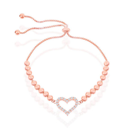 Sterling Silver CZ Heart Beaded Adjustable Bolo Bracelet - Rose Gold Plated ,