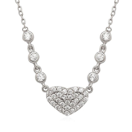 Sterling Silver CZ Heart with Bezel Set Necklace ,