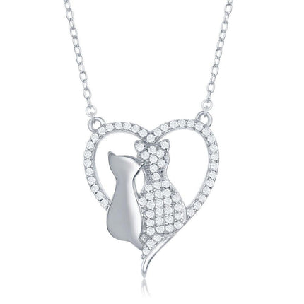 Sterling Silver CZ Heart with Two Center Cats Necklace ,