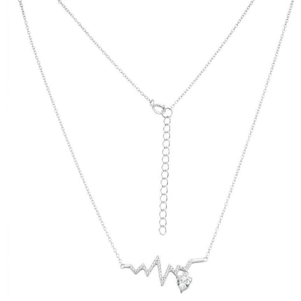 Sterling Silver CZ Heartbeat with Dangling Heart CZ Necklace ,