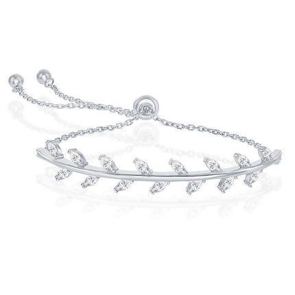 Sterling Silver CZ Leaf Design Adjustable Bolo Bracelet ,