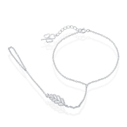 Sterling Silver CZ Leaf with Clover Ring to Wrist Slave Bracelet ,