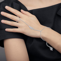 Sterling Silver CZ Leaf with Clover Ring to Wrist Slave Bracelet ,