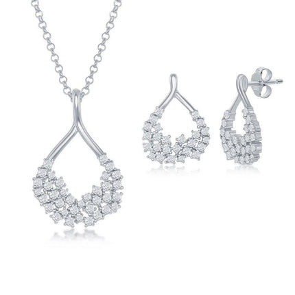 Sterling Silver CZ Open Pear-Shaped Pendant & Earrings Set With Chain ,