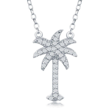 Sterling Silver CZ Palm Tree Necklace ,