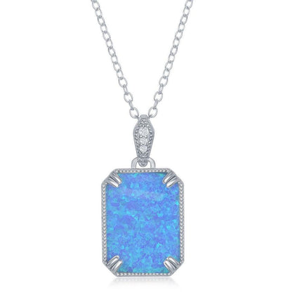 Sterling Silver CZ Rectangle Blue Opal with beaded border Pendant ,