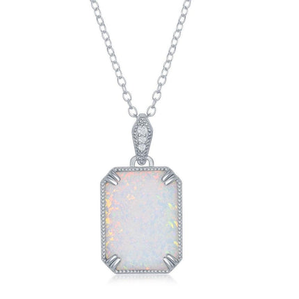 Sterling Silver CZ Rectangle White Opal with beaded border Pendant ,