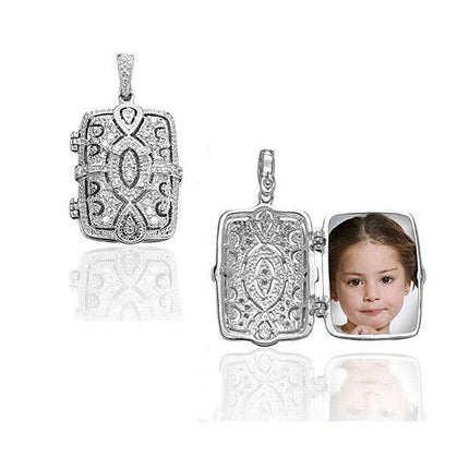 Sterling Silver CZ Rectangular Design Locket ,