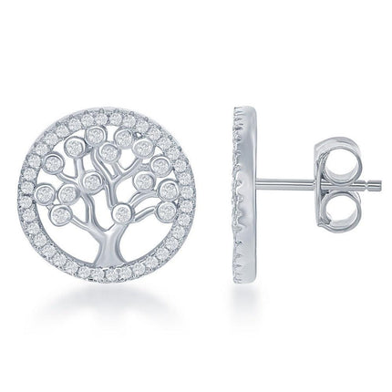 Sterling Silver CZ Round Tree Earrings ,