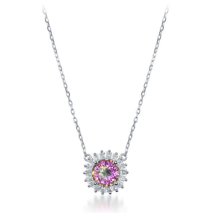 Sterling Silver CZ Small Round Rainbow with Border Necklace ,