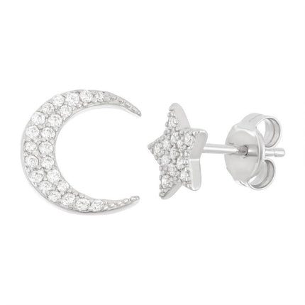 Sterling Silver CZ Star and Moon Stud Earrings ,