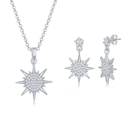 Sterling Silver CZ Sun Pendant & Earrings Set With Chain ,