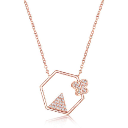 Sterling Silver CZ Triangle and Butterfly Hexagon Necklace ,