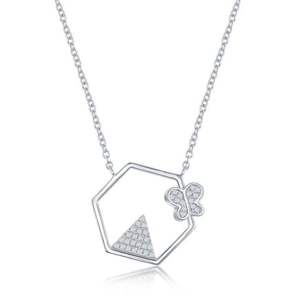 Sterling Silver CZ Triangle and Butterfly Hexagon Shaped Necklace ,