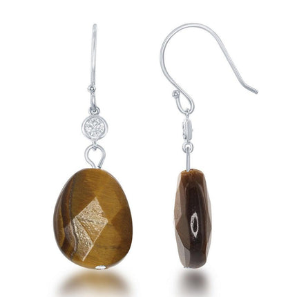 Sterling Silver CZ with Brown Tiger Eye Earrings ,