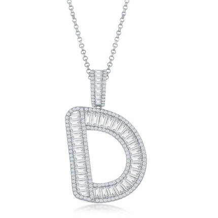 Sterling Silver D Initial Baguette CZ Pendant Chain ,