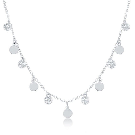 Sterling Silver Dangling Cubic Zirconia's and Discs Necklace ,