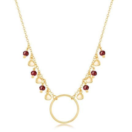 Sterling Silver Dangling Garnet & Discs with Open Circle Necklace ,