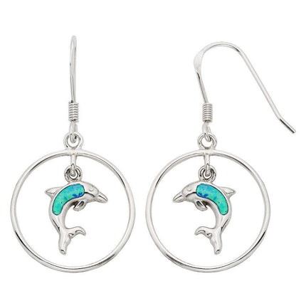 Sterling Silver Dangling Opal Dolphin Earrings ,