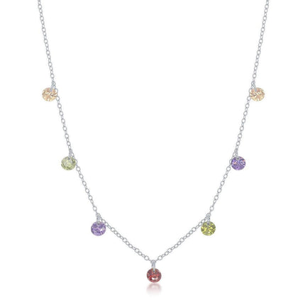 Sterling Silver Dangling Rainbow Cubic Zirconia Necklace ,