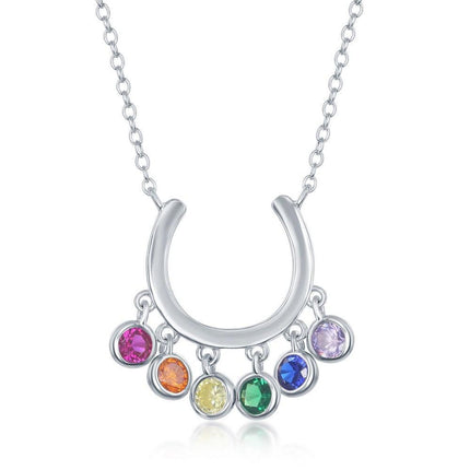 Sterling Silver Dangling Rainbow CZ Horseshoe Necklace ,