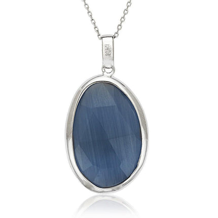Sterling Silver Denim Blue Cat's Eye Necklace ,