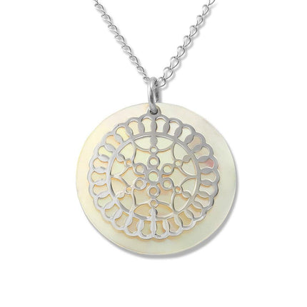 Sterling Silver Designed Circle MOP Disc Necklace ,