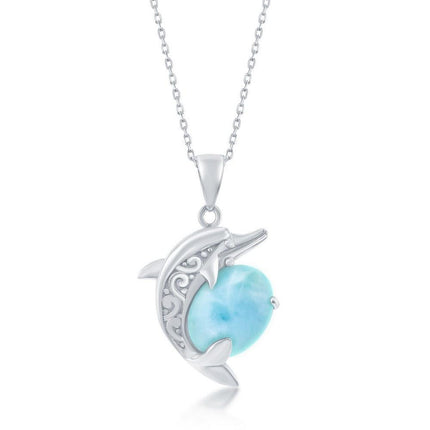Sterling Silver Designed Dolphin Larimar Pendant ,