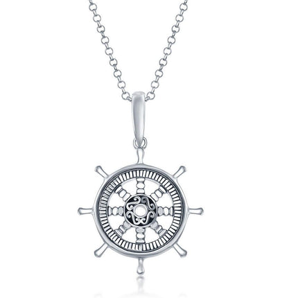 Sterling Silver Detailed Oxidized Ship wheel Pendant ,