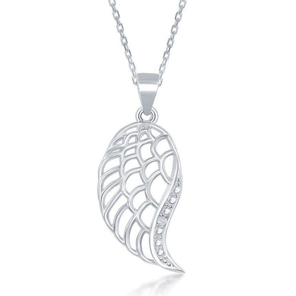 Sterling Silver Diamond Accent Angel Wing Pendant With Chain ,