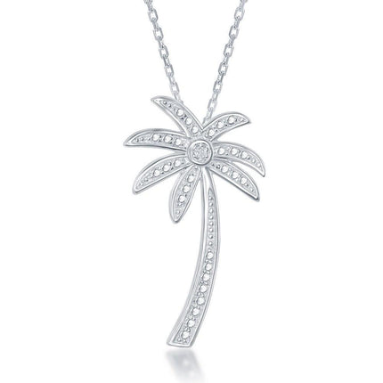 Sterling Silver Diamond Accent Palm Tree Pendant With Chain ,