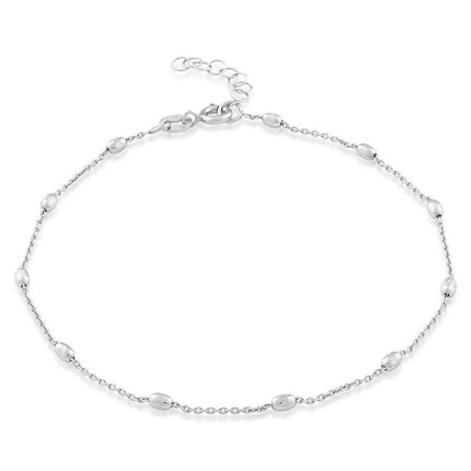 Sterling Silver Diamond Cut 11 Oval Beads Anklet ,
